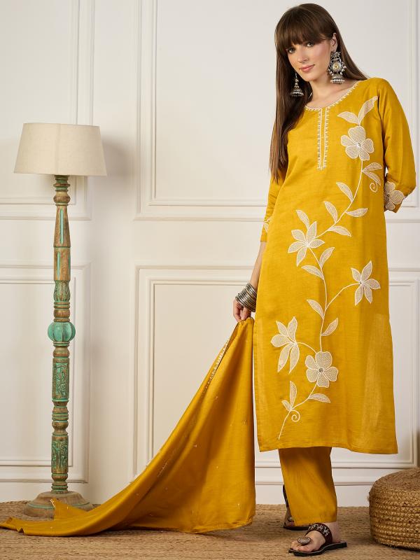 VP 9771 Y Yellow Embroidery Silk Straight Kurta With Trousers & Dupatta Sets